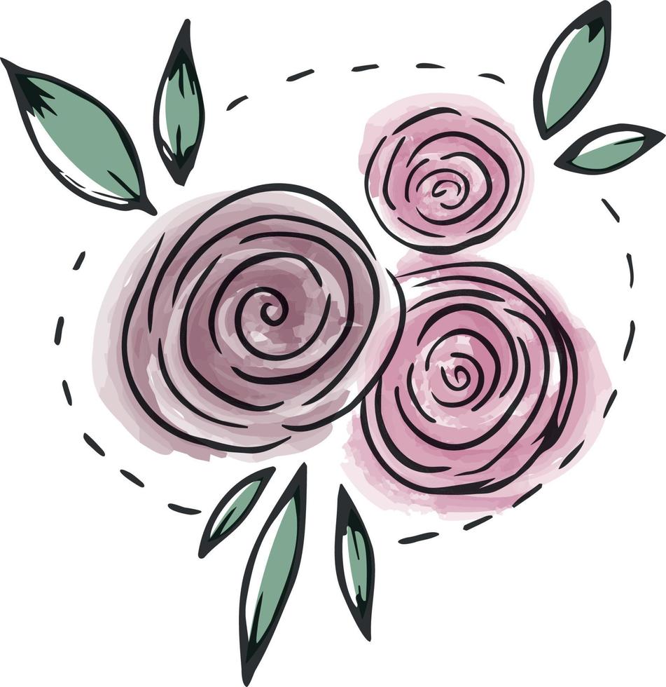 Pink watercolor roses with leaves and bold outline vector