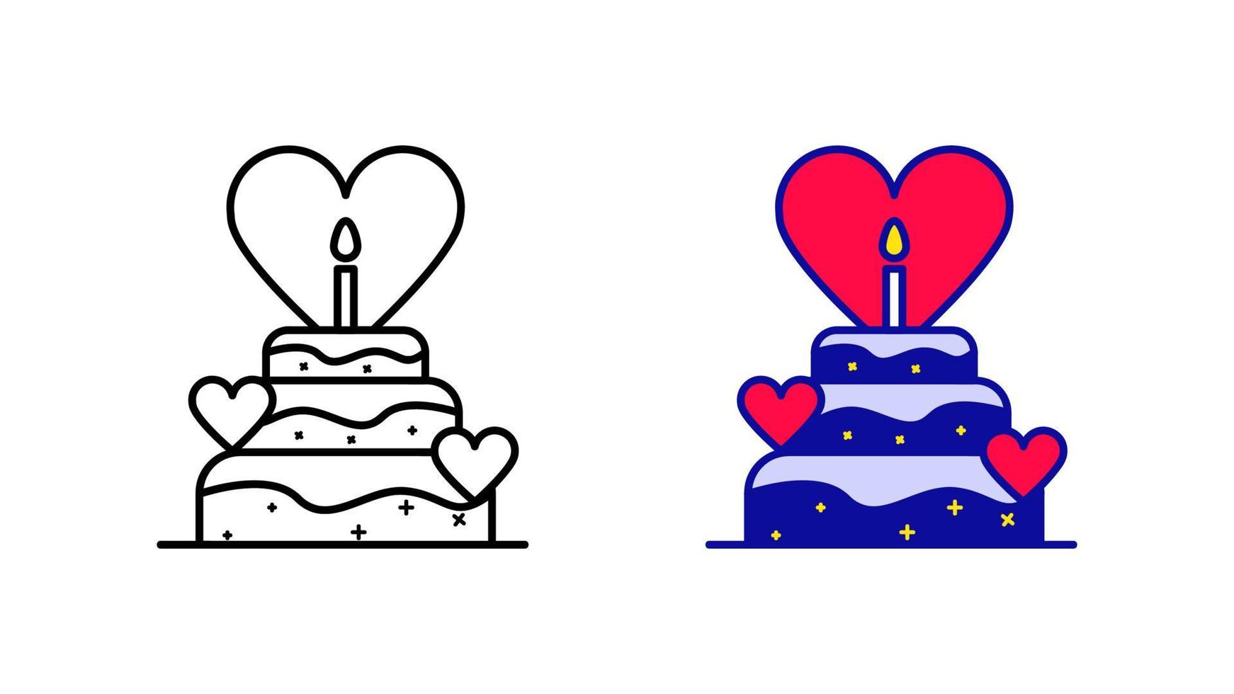 Heart icon set on modern cake. Heart cake icon from modern wedding icons. Linear and colorful icon love cake template. Download the simple linear wedding-honeymoon vector. white background. vector