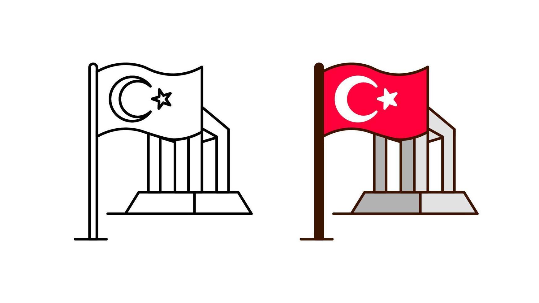 bandera turca moderna y conjunto de iconos del monumento a los mártires de canakkale. Icono de la bandera del día 18 de marzo. plantilla lista para el monumento de canakkale lineal y colorida. descargar vector lineal simple. Fondo blanco.