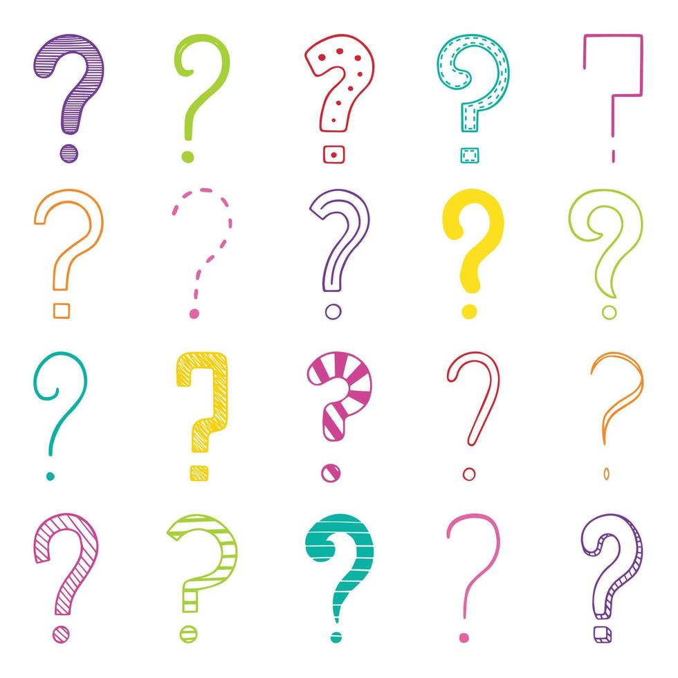 Hand drawn set of question marks doodle. Different interrogation signs in sketch style.  Vector illustration isolated on white background.