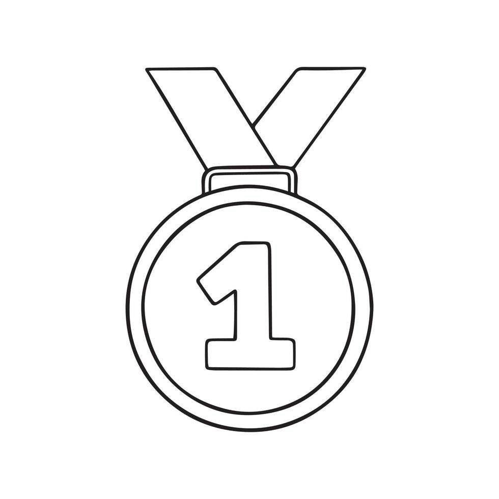 Hand drawn medal doodle. Champion and winner awards medal with ribbon in sketch style.  Vector illustration isolated on white background.