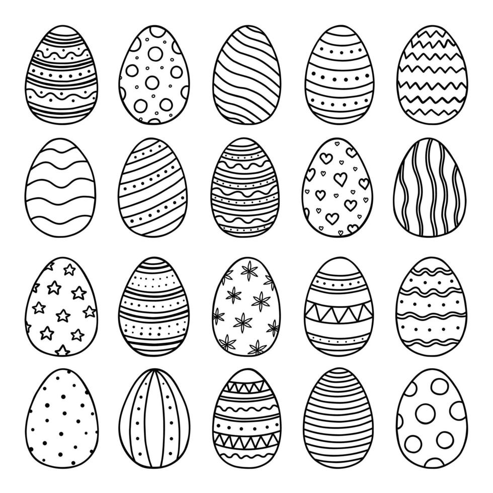 Hand drawn set of Easter eggs doodle. Egg ornaments in sketch style.  Vector illustration isolated on white background.