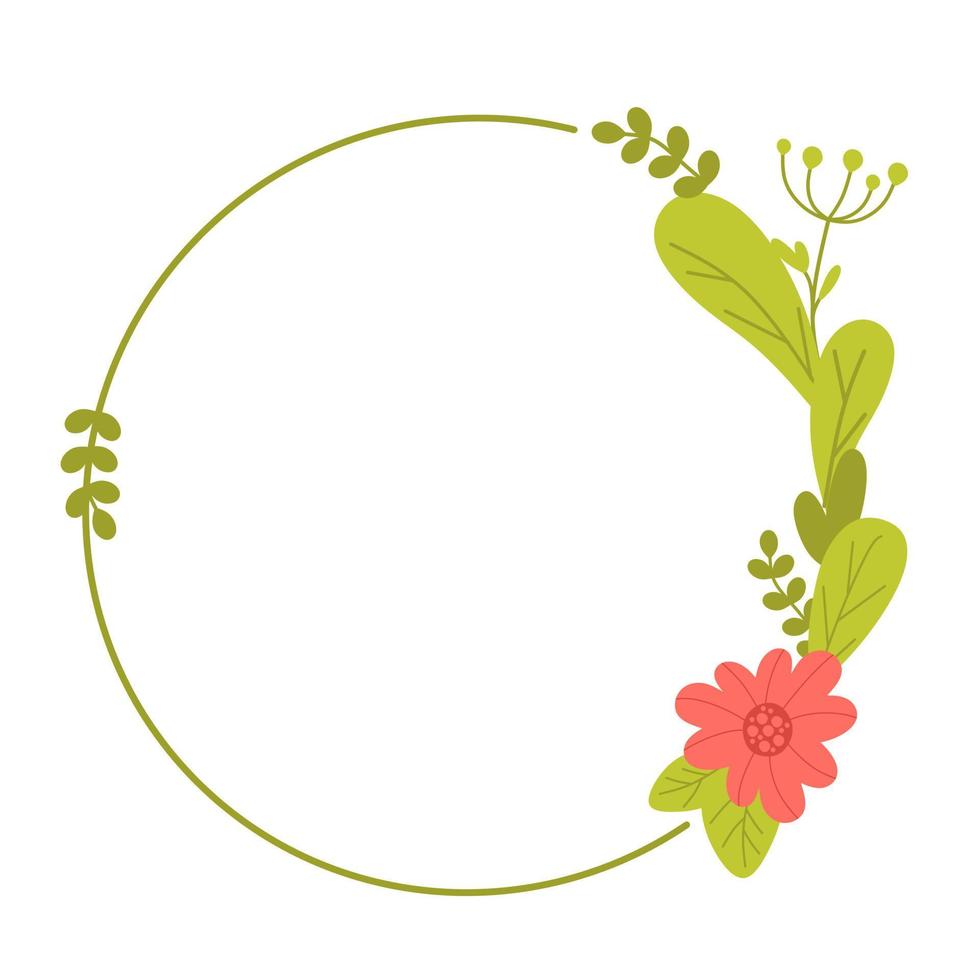 Round frame with willow tulips and leaves. Vector illustration in a flat style isolated on a white background
