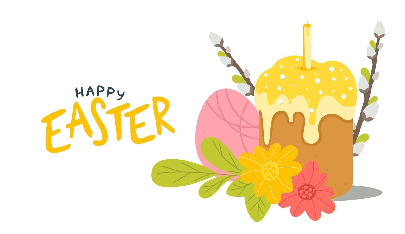 Postcard poster for the Happy Easter holiday with eggs, flowers, willow and other attributes.  Vector illustration in a flat style isolated on a white background