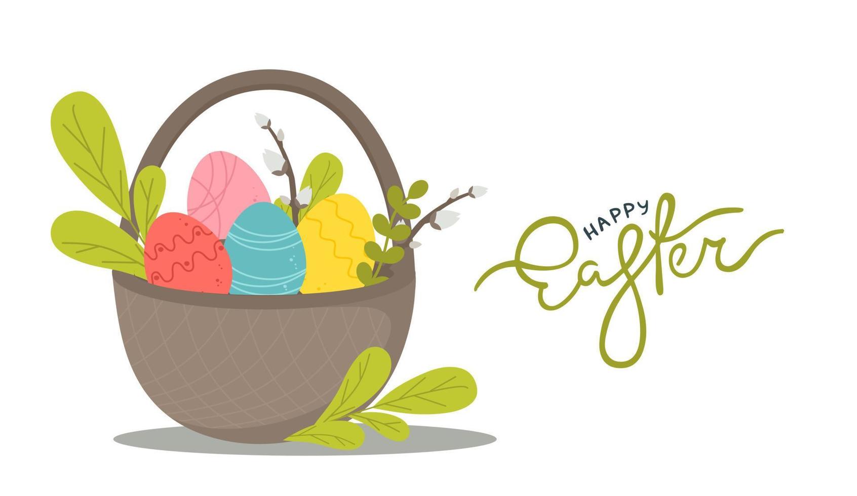 Postcard poster for the Happy Easter holiday with eggs, flowers, willow and other attributes.  Vector illustration in a flat style isolated on a white background