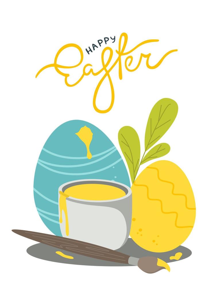 Postcard poster for the Happy Easter holiday with eggs, flowers, willow and other attributes.  Vector illustration in a flat style isolated on a white background