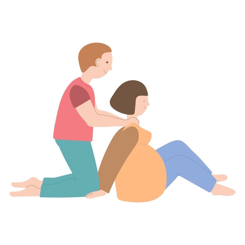 Partnered birth. The husband supports his wife during the birth. Wife and husband coping with childbirth together. Vector illustration on white background. For print, web design.