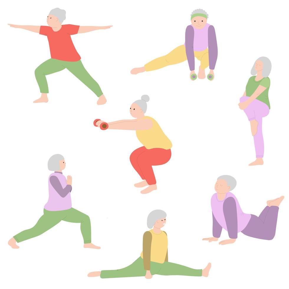 A group of elderly women practicing yoga. The women lead a healthy lifestyle. Vector illustration on white background. For print, web design. Hand drawing.