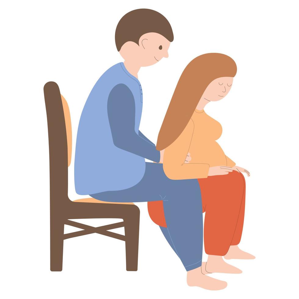 Partnered birth. A pregnant woman prepares for a partnered birth with her husband. Vector illustration on white background. Hand drawing. For print, web design.