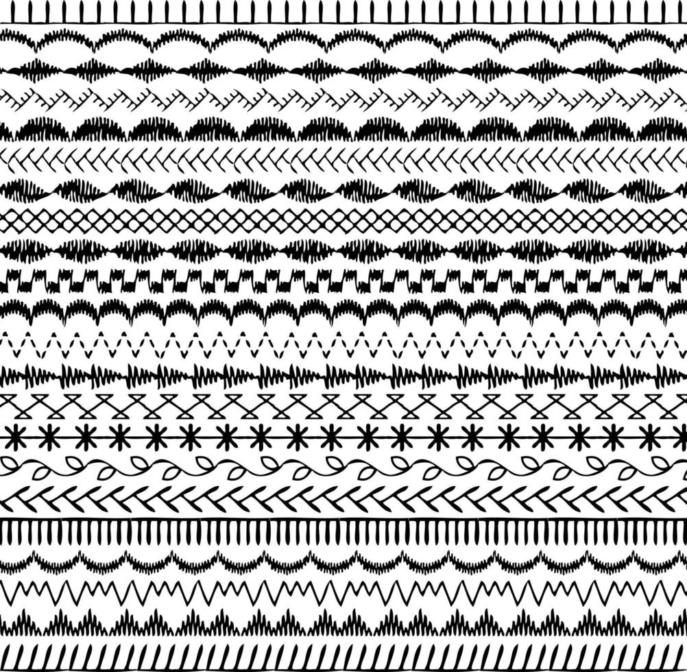 black hand drawn embroidery stitch border patterns vector