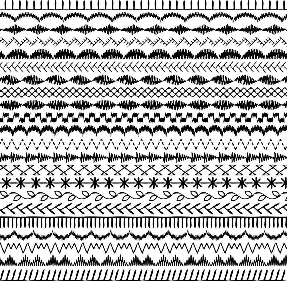 black hand drawn embroidery stitch border patterns vector