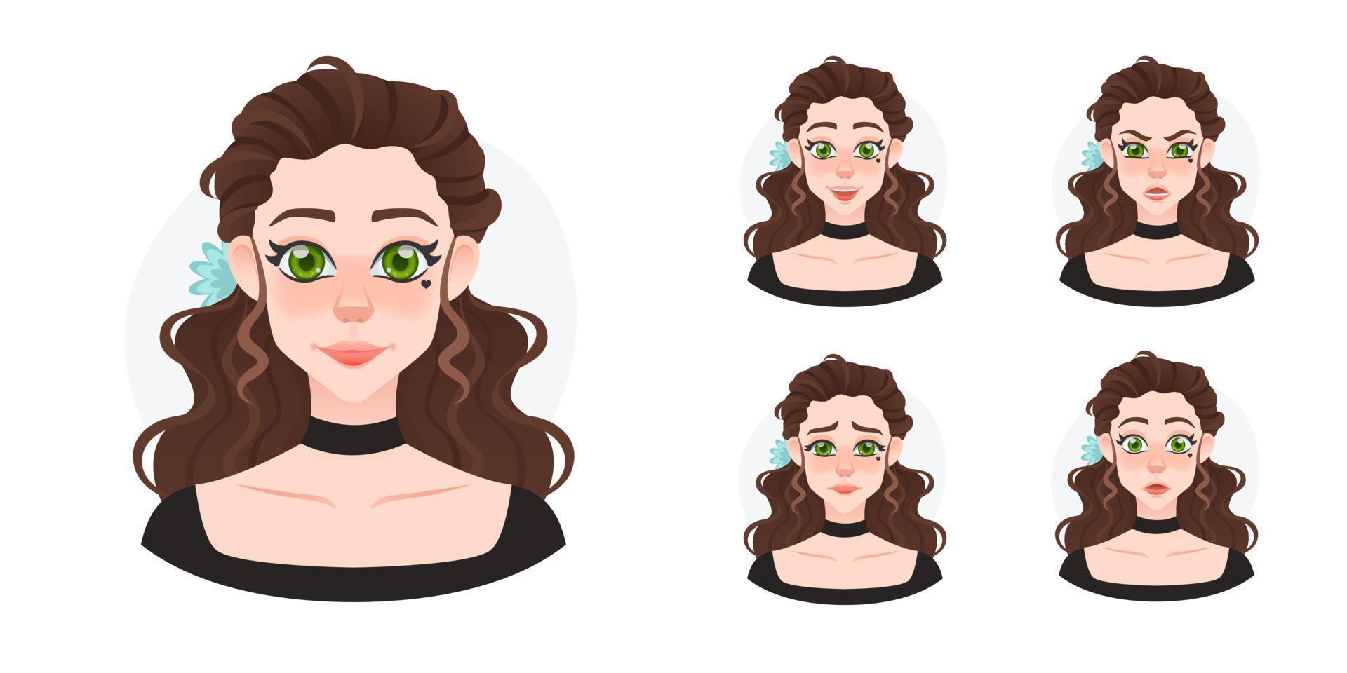 conjunto de avatar de niña bonita joven de dibujos animados. hermosa muñeca con flor azul en expresiones faciales de pelo largo y rizado. estilo dama vector