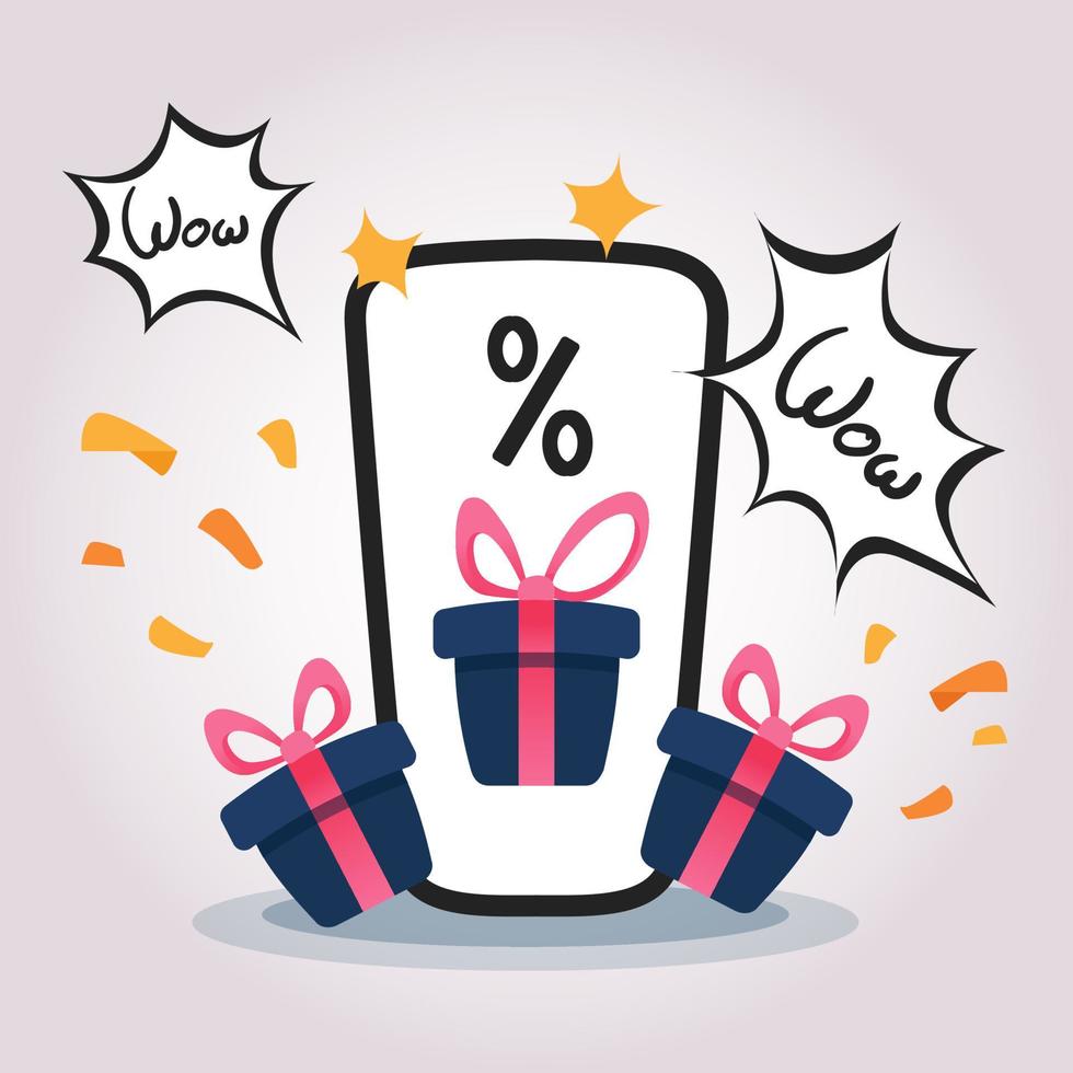 Concept phone illustration with presents and discount for loyalty program. Gifts on smartphone screen. Online surprise vector
