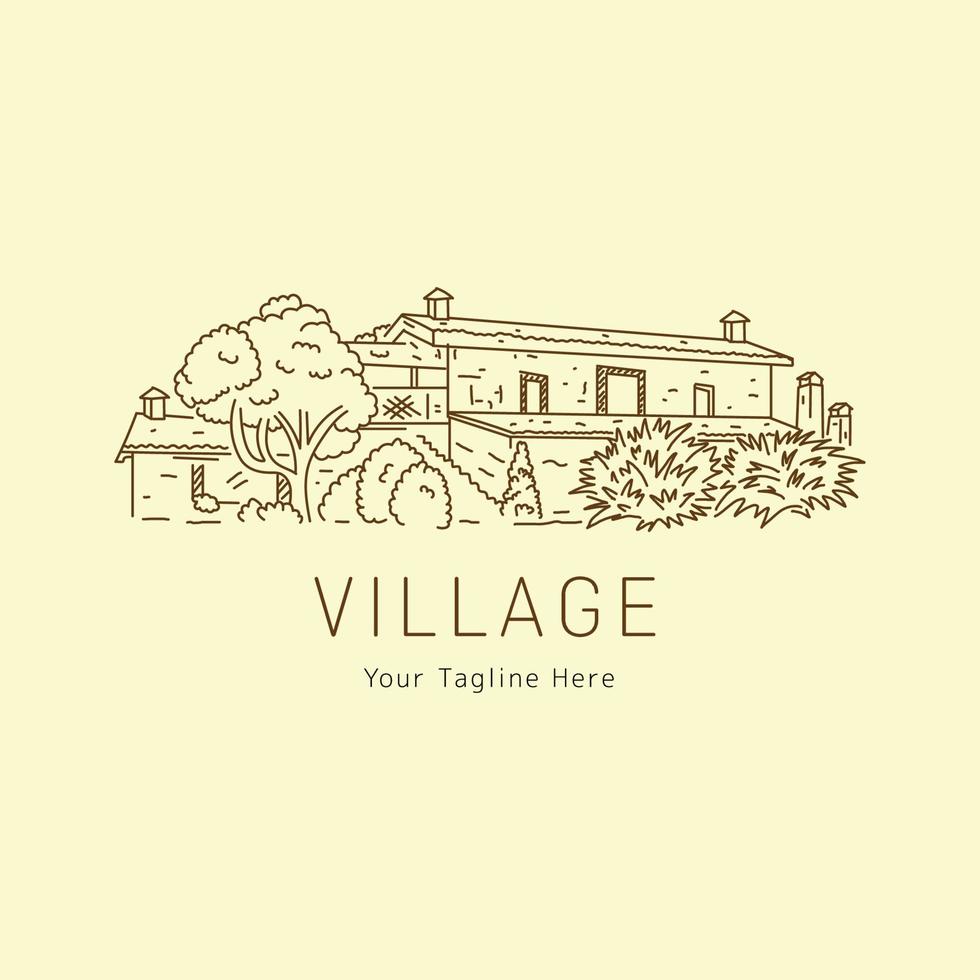 one line sketch village with landscape logo vector