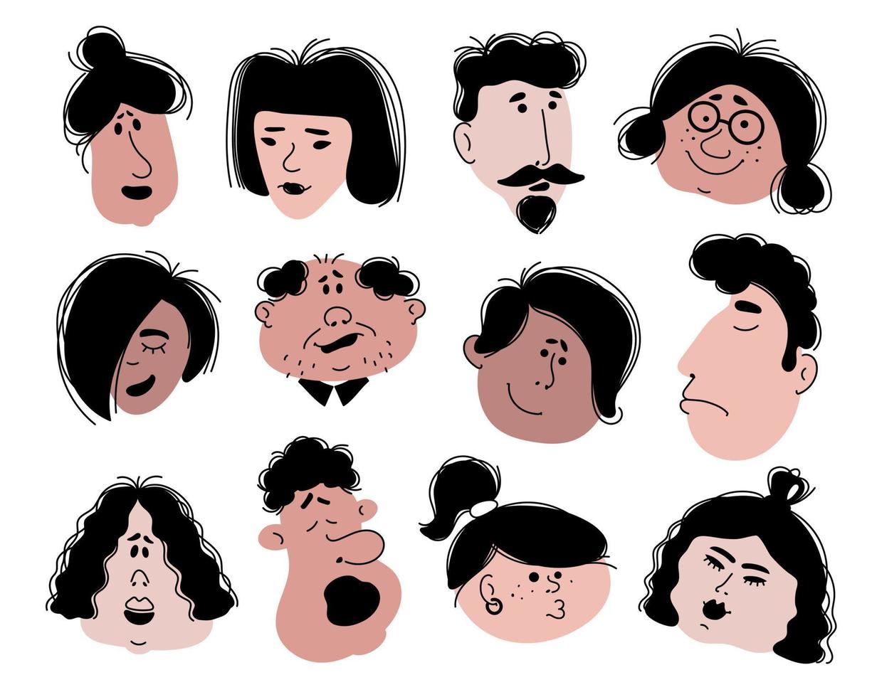 Set of female and male faces in doodle style for social media and website avatars. Vector cartoon illustration.