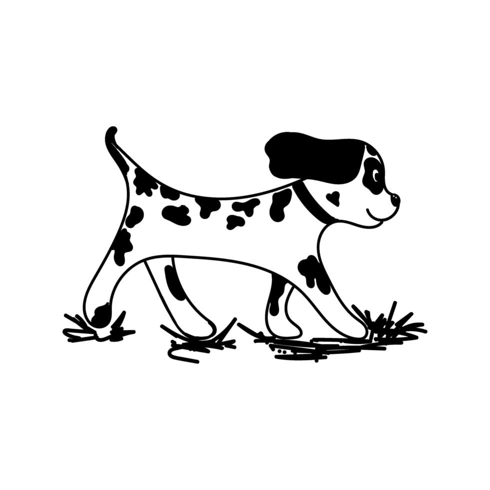 Cute dog, hand-drawn in doodle style. Dalmatian in cartoon style. Dog in spots. Walking through the grass. Vector is suitable for children's illustration.
