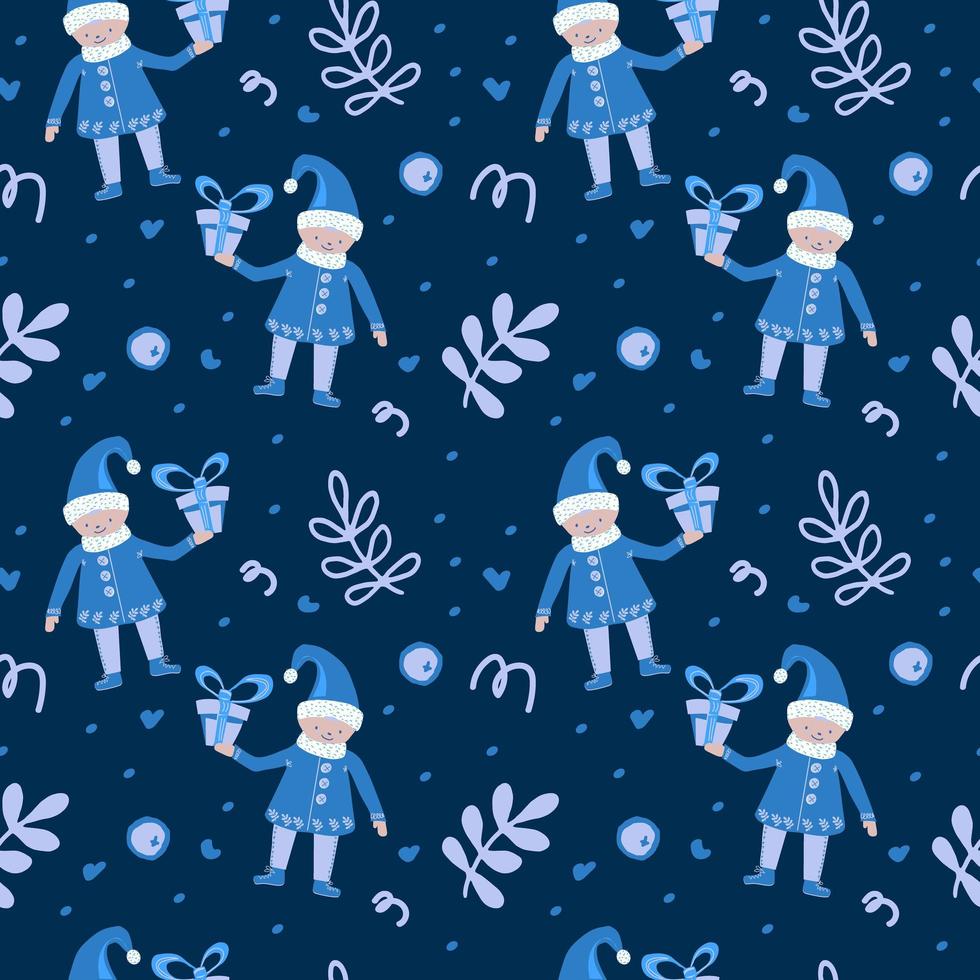 Festive elements seamless pattern. Gnomes with gifts, mistletoe branches and confetti. Christmas. New Year. Suitable for textiles and packaging. vector