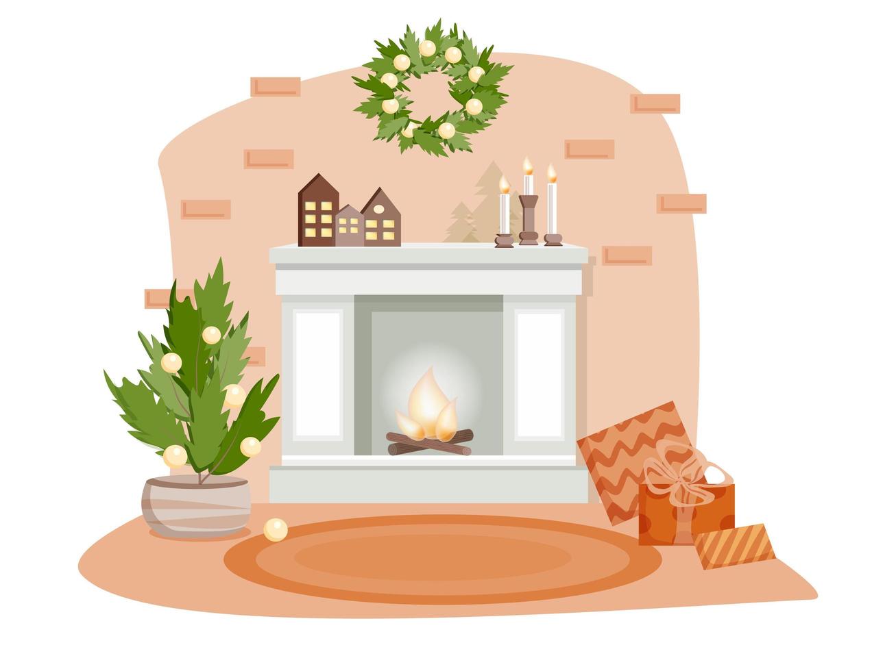 House interior in New Year's style. Fireplace with fire, Christmas tree with balls. Candles, gifts and decorations. Christmas wreath on the wall. The vector is made in a flat style.