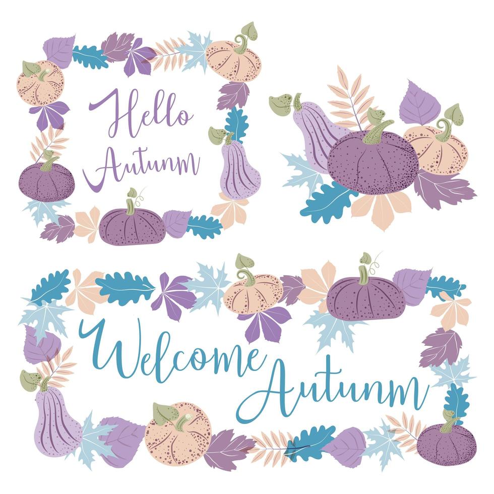 A set of frames and compositions for the design of postcards. Pumpkins and autumn leaves in purple. Hello Autumn lettering. Suitable for posters and invitations. vector