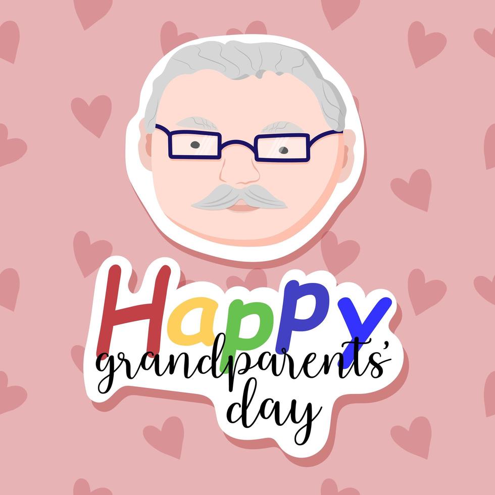 Abstract background with grandfather and hearts. Sticker effect. Old man. Happy grandparents day greeting card vector illustration. Cute cartoon grandpa.