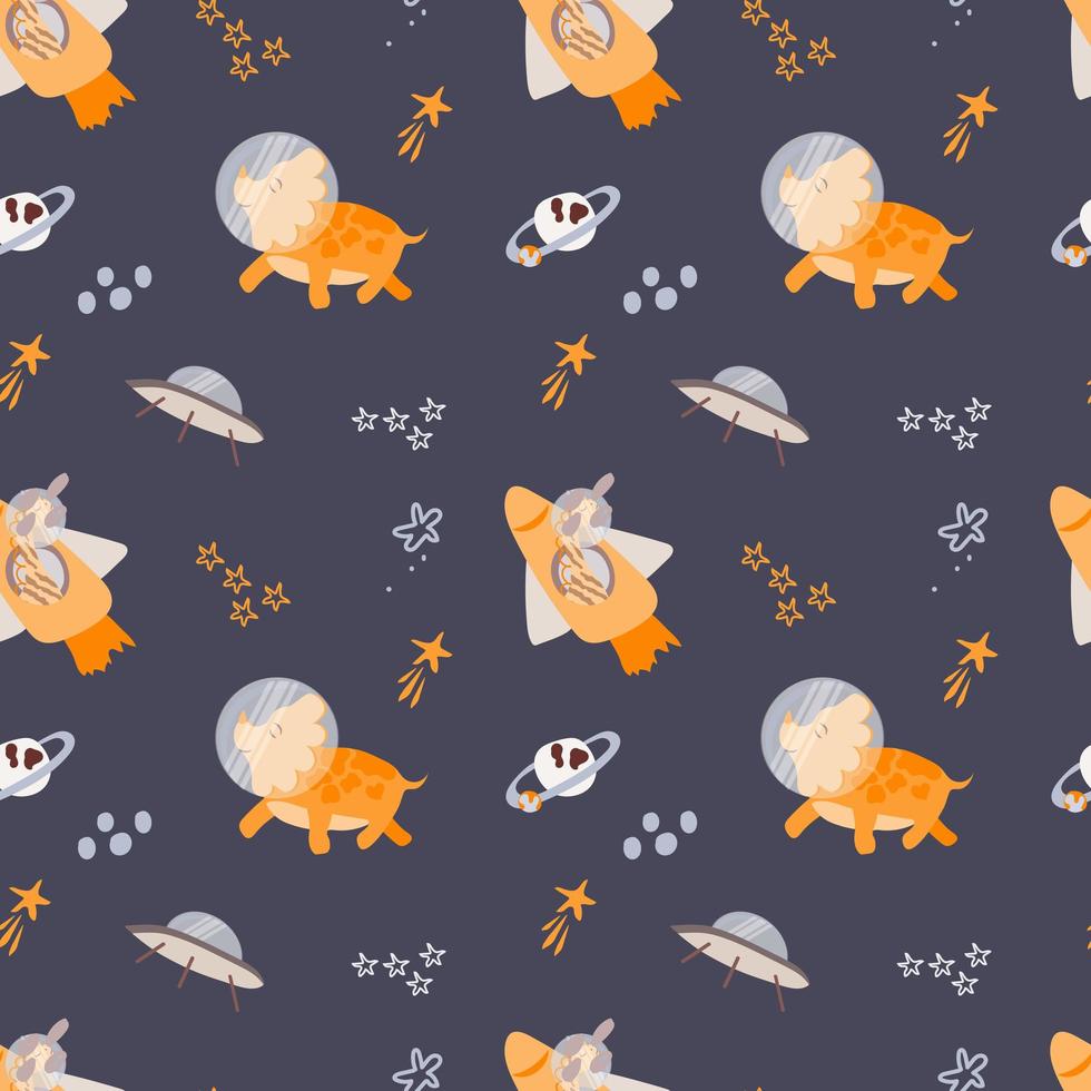 Flying dinosaurs seamless pattern. Stars, planets. Space. Dinosaurs in space. The vector is made in a flat style. Illustration. Suitable for textiles and packaging.