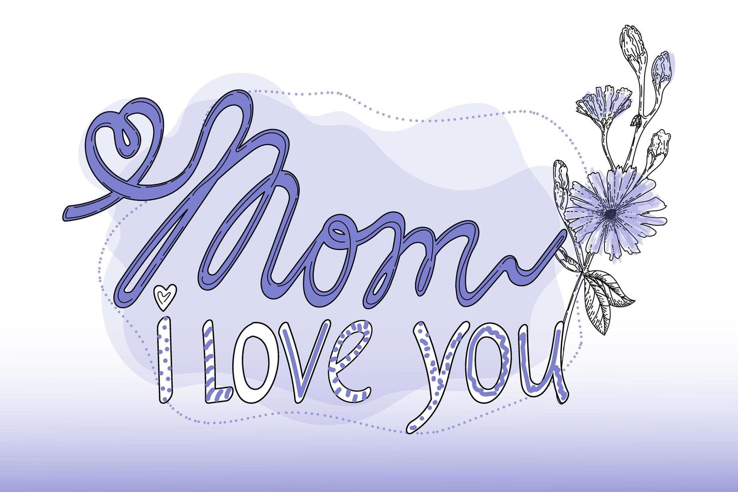 Layout of a Mother's Day greeting card with inscriptions and cornflower flowers. Handwritten inscription. The best mom in the world cute feminine design. Vector illustration in fashionable purple.