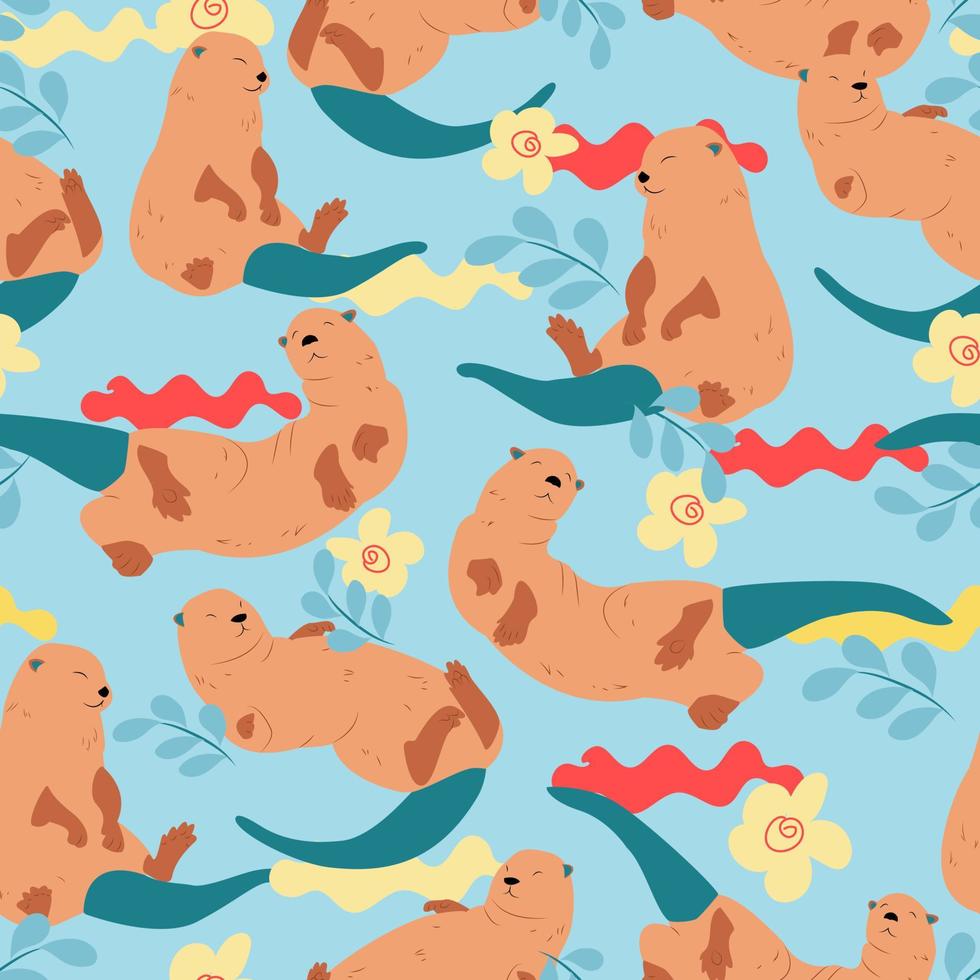 Pattern with cute good otters vector