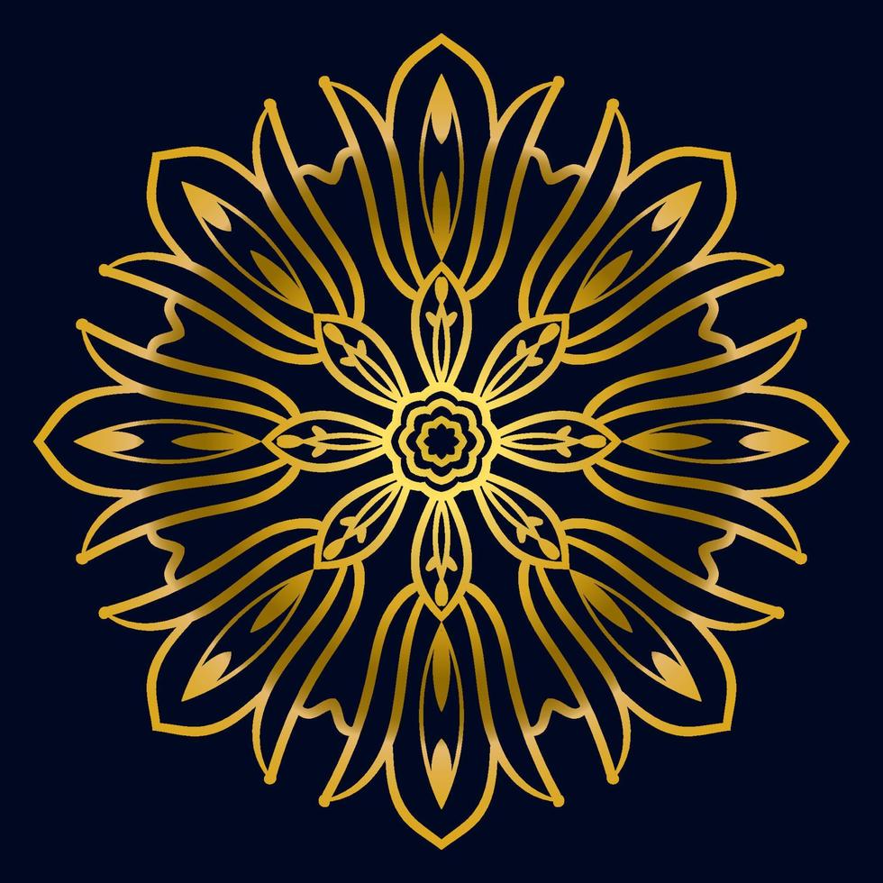 lindo mandala dorado. flor de garabato redonda ornamental aislada sobre fondo oscuro. ornamento decorativo geométrico en estilo étnico oriental. vector