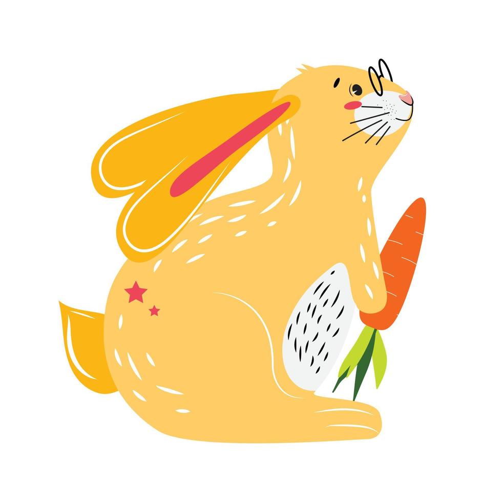 lindo conejito amarillo con gafas sosteniendo una zanahoria. conejito de pascua con gafas. vector