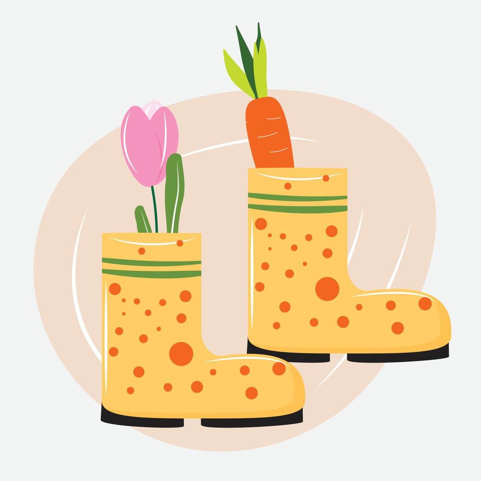 Rubber boots with a flower and a carrot. Cute rubber boots. vector