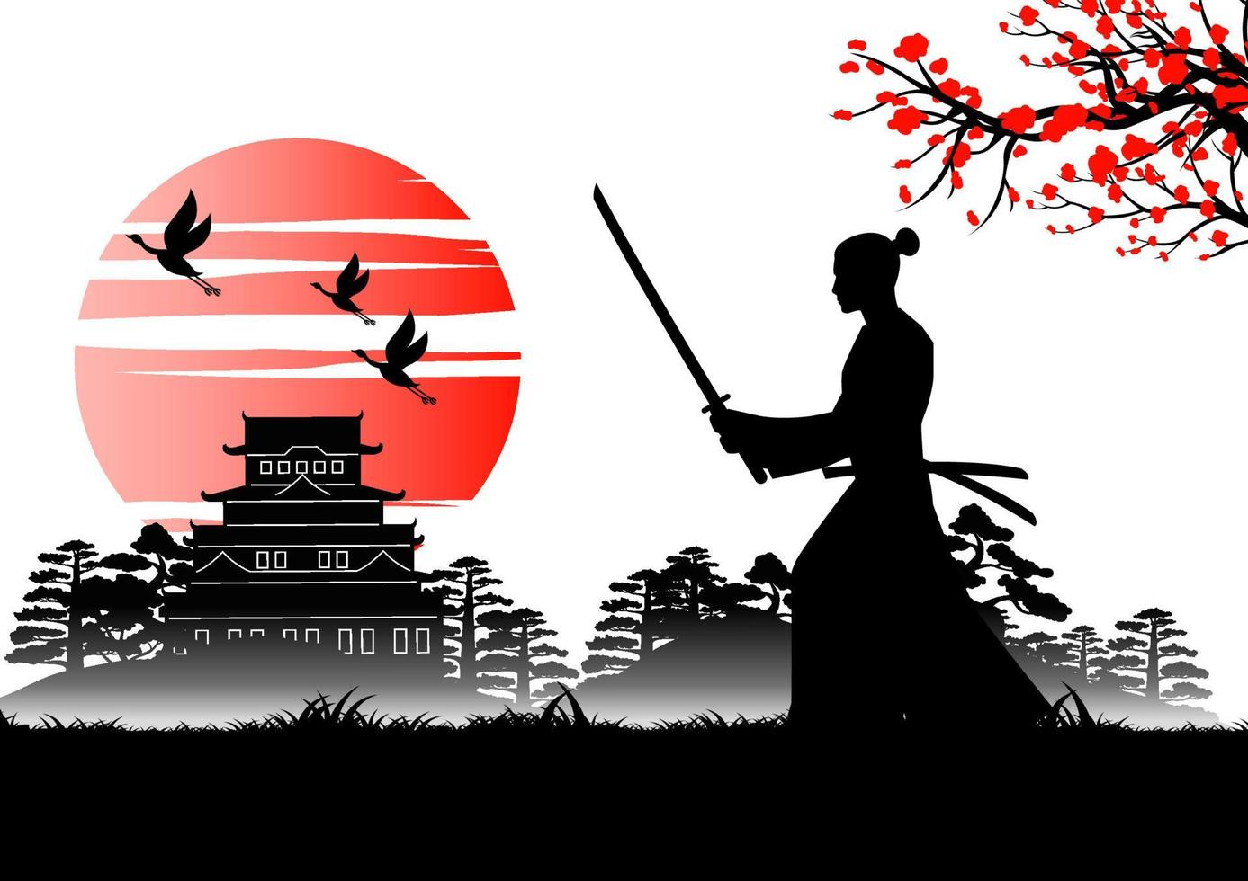 Japanese art with ancient design of samurai training sword near emperor castle vector