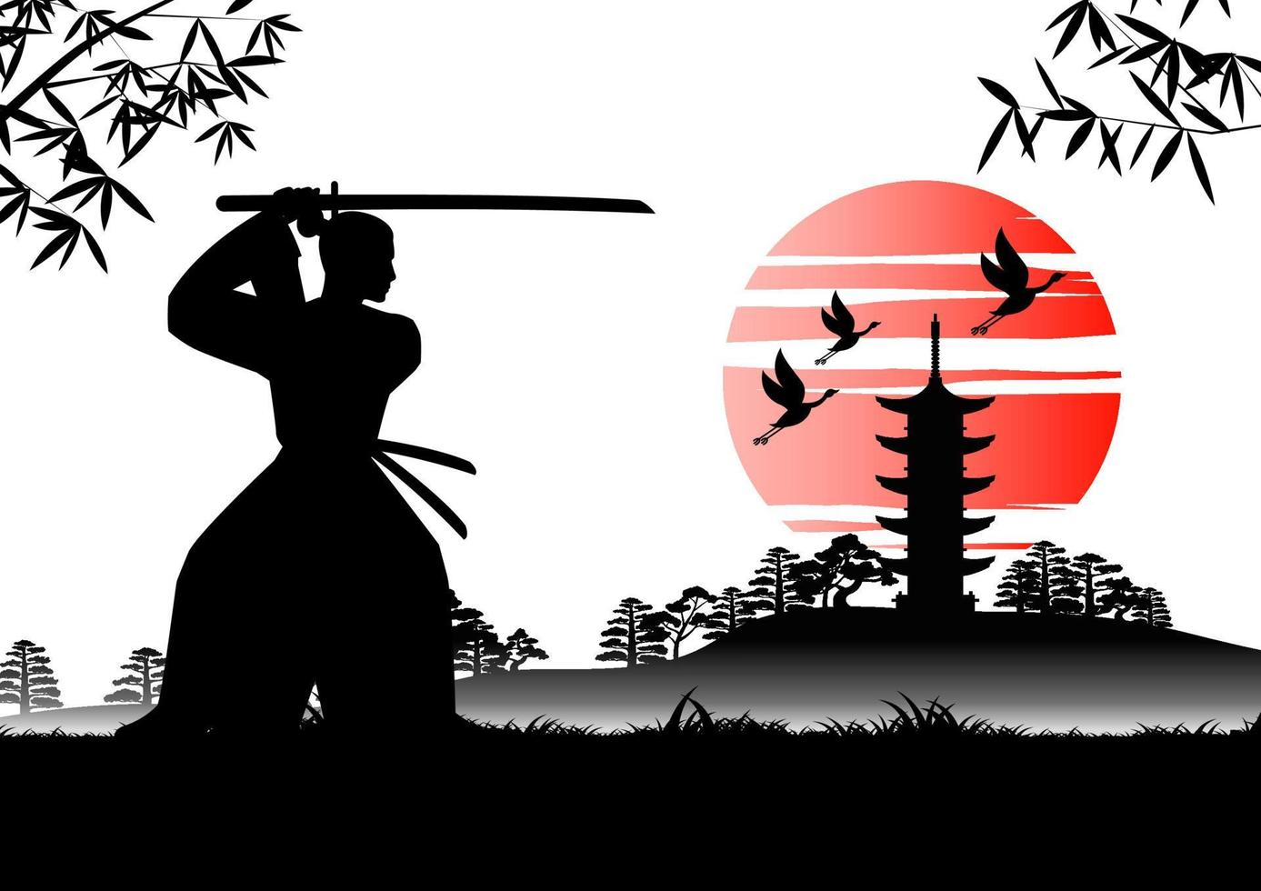 arte japonés con diseño antiguo de espada de entrenamiento samurai cerca del templo japonés vector