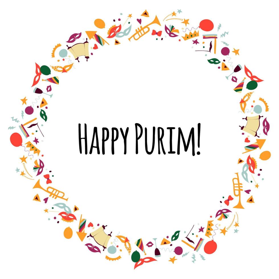 Vector illustration Happy Purim carnival. Frame in the form of a wreath.