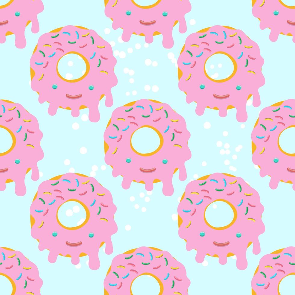 Vector seamless pattern illustration of donuts in pink glaze on a light