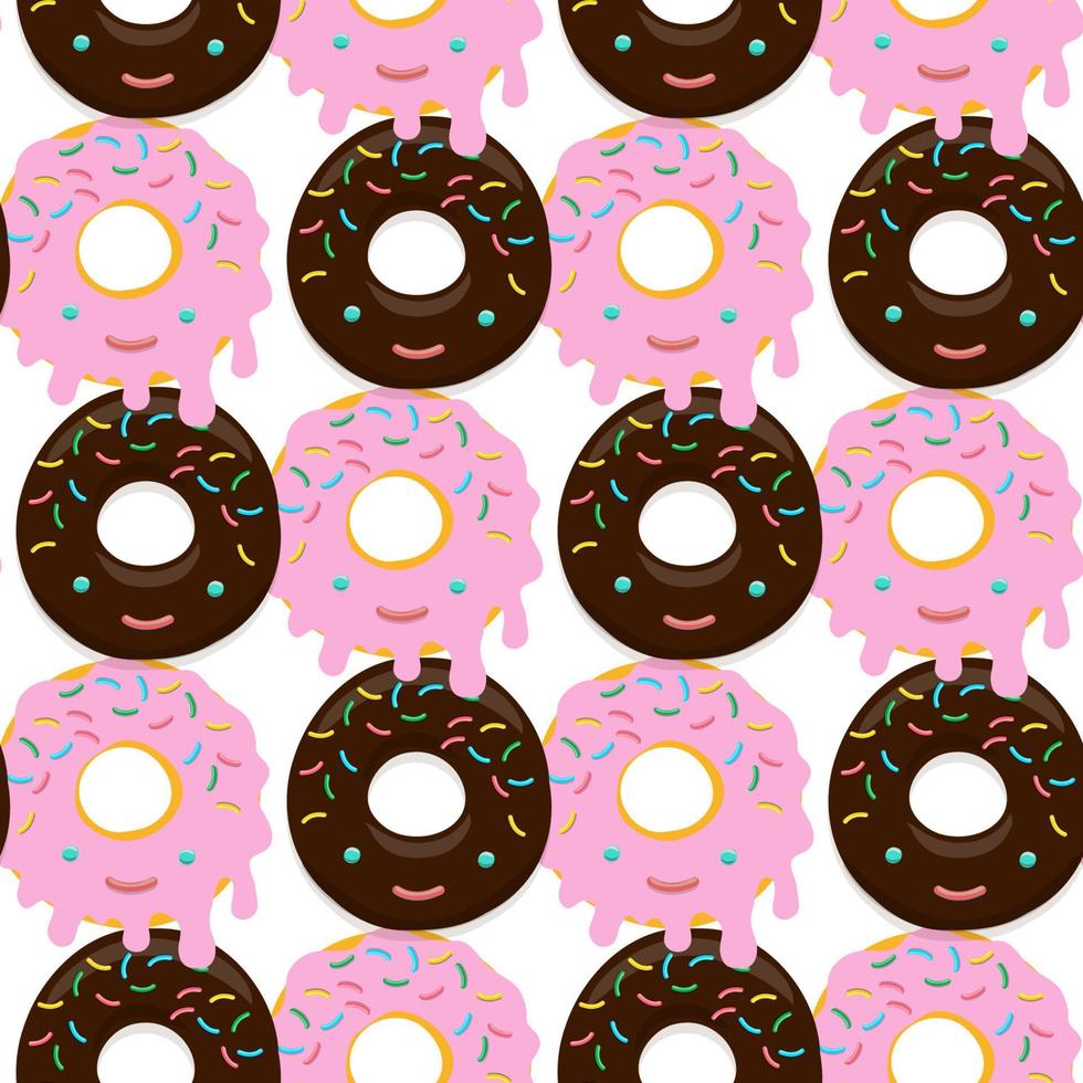Vector  seamless pattern illustration of donuts in chocolate and pink glaze in kawaii style on a white background.