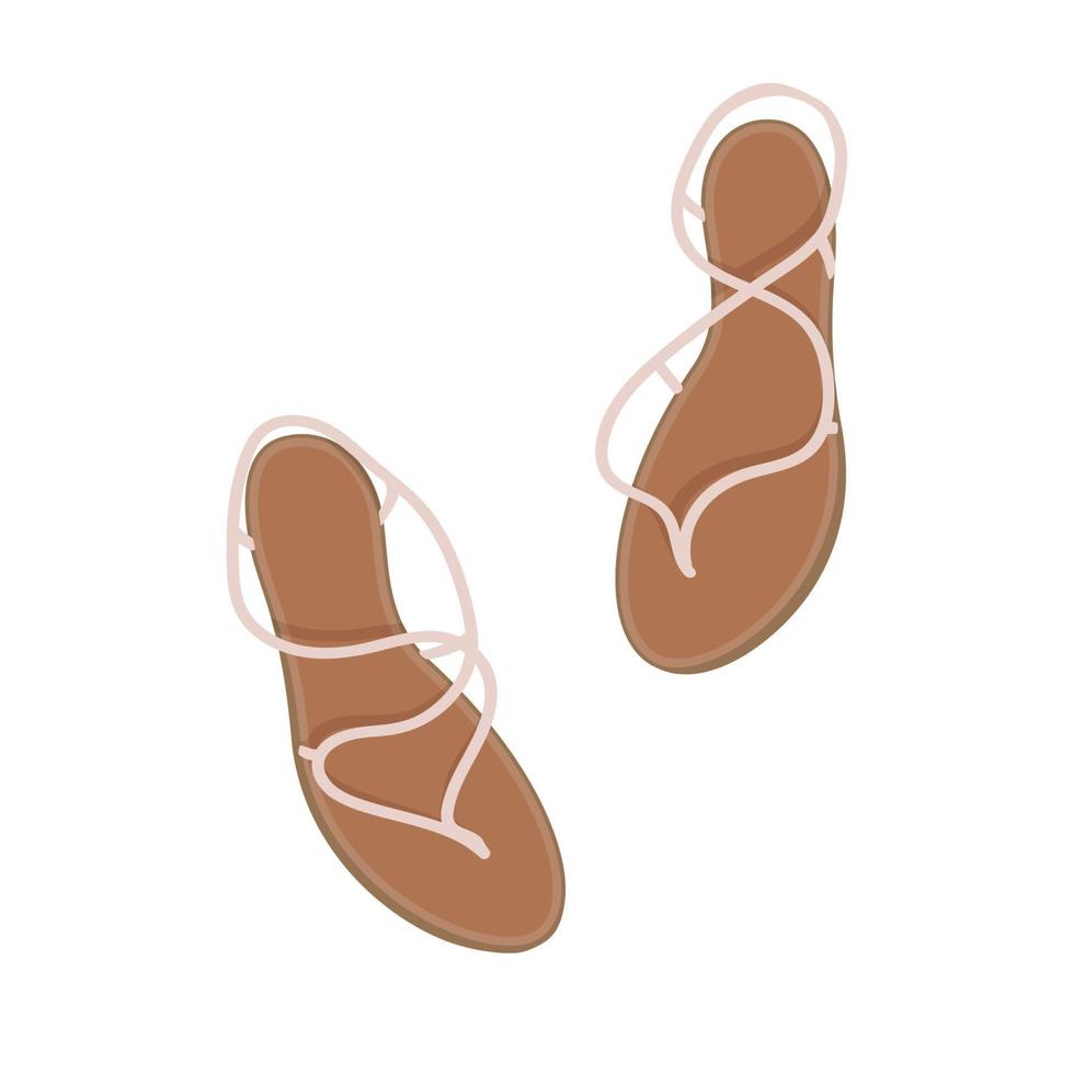 pair of women's brown sandals with white ropes on a white background. view from above vector
