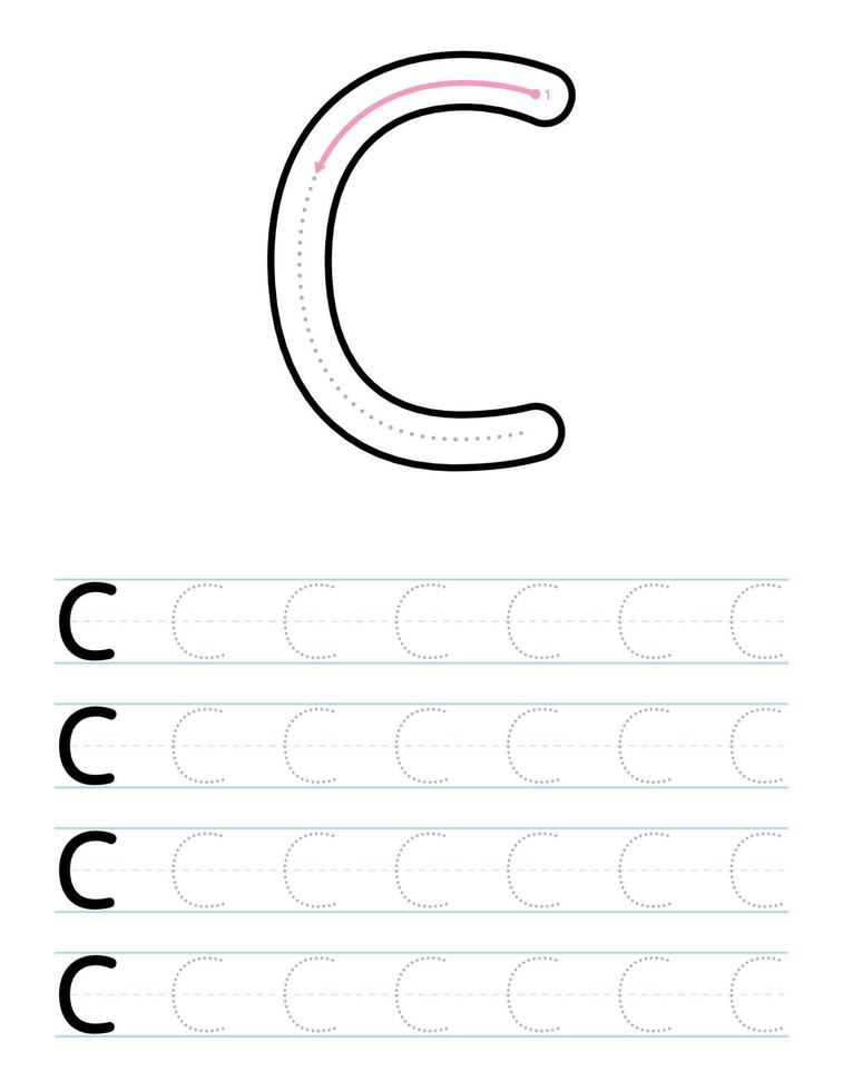 Tracing uppercase letter c worksheet for kids vector
