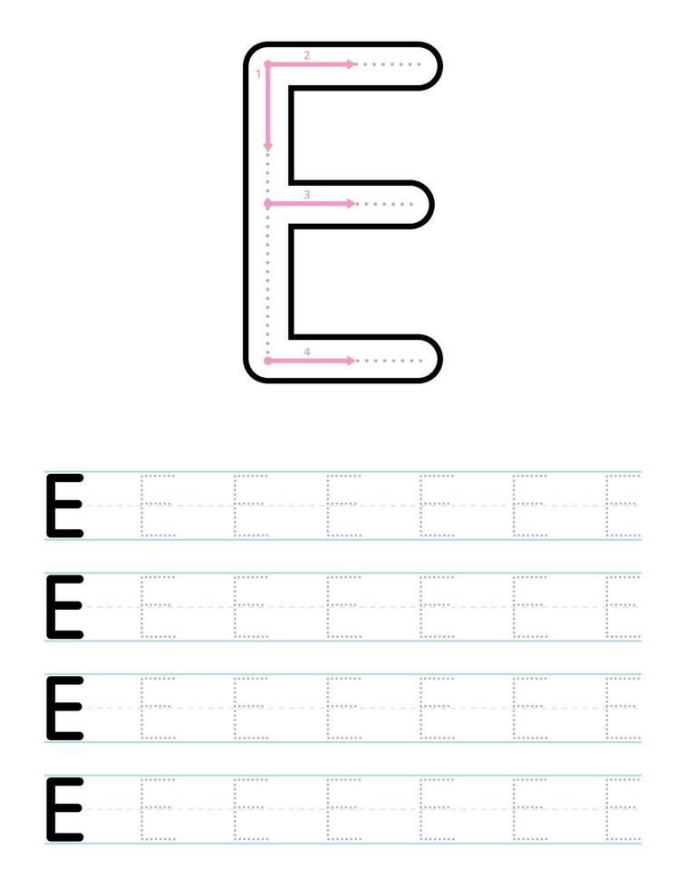 Tracing uppercase letter e worksheet for kids vector