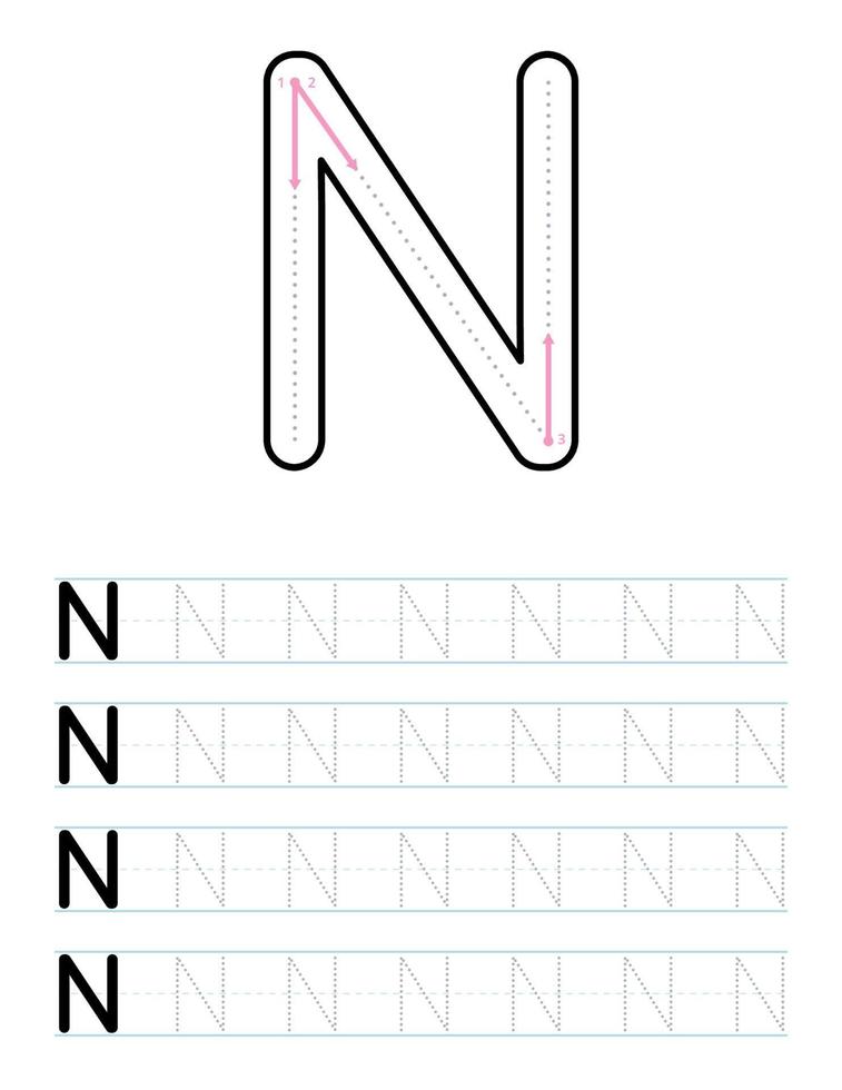 Tracing uppercase letter n worksheet for kids vector