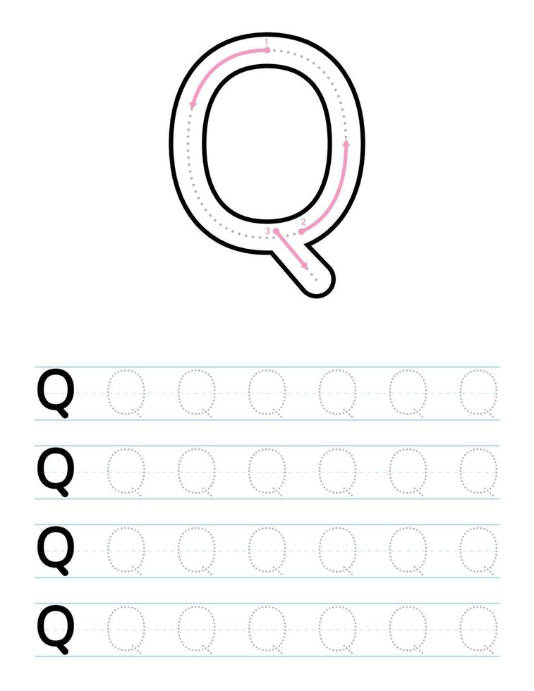 Tracing uppercase letter q worksheet for kids vector