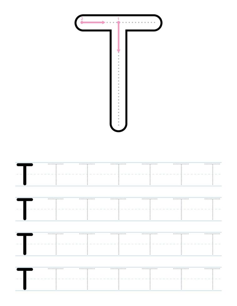 Tracing uppercase letter t worksheet for kids vector