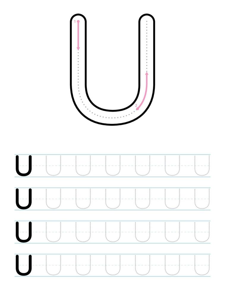 Tracing uppercase letter u worksheet for kids vector