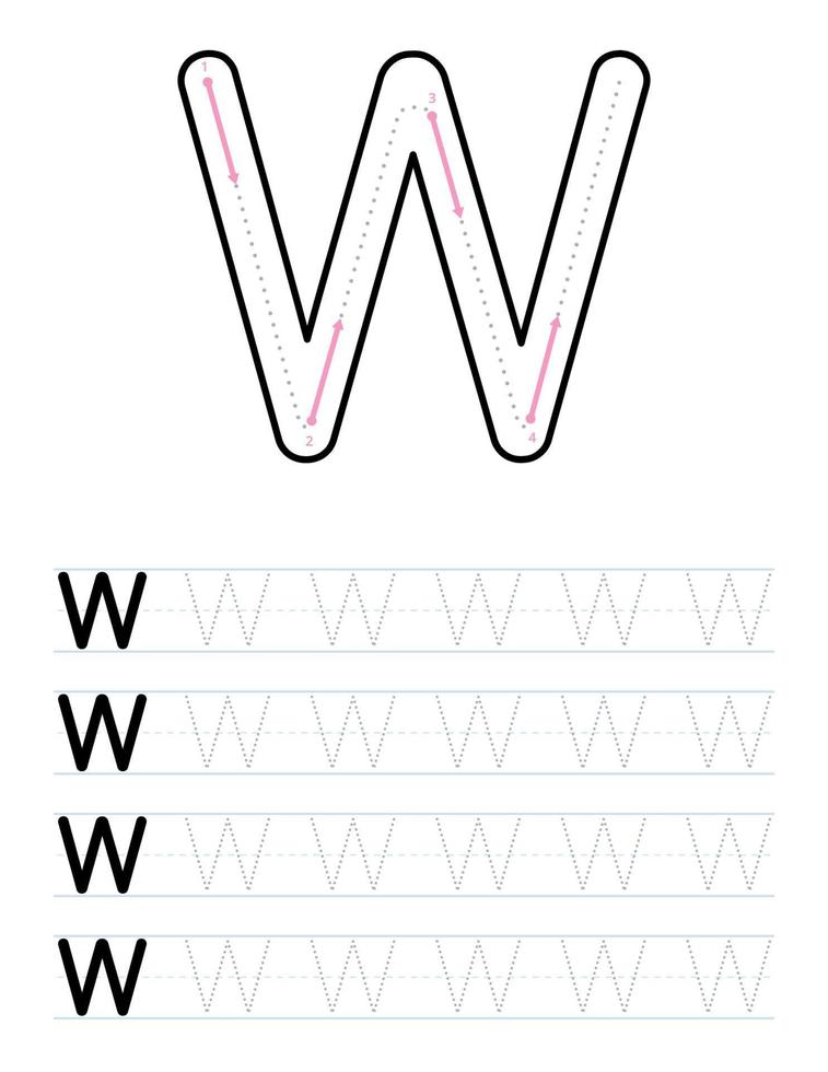 Tracing uppercase letter w worksheet for kids vector