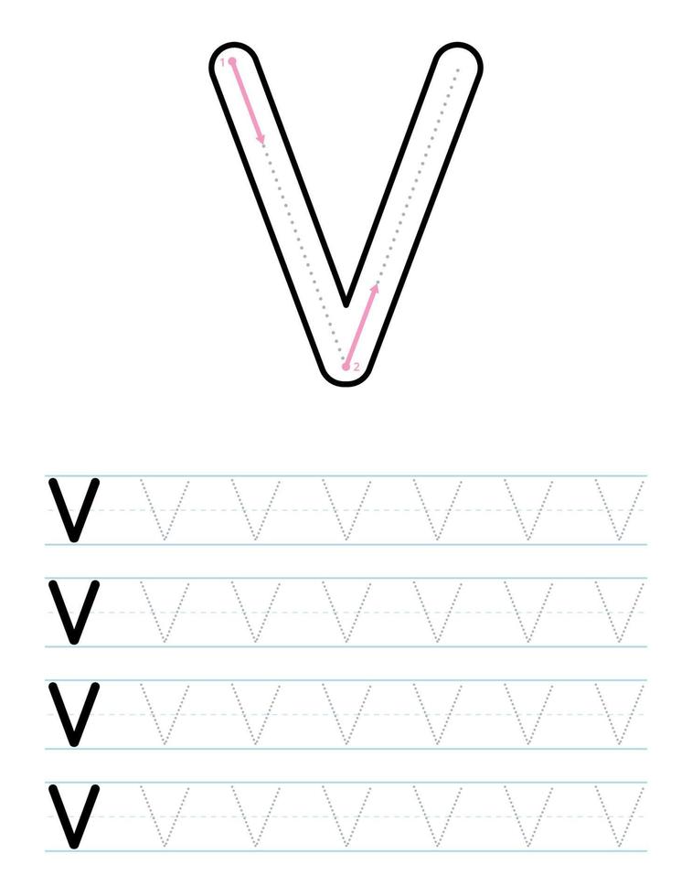 Tracing uppercase letter v worksheet for kids vector