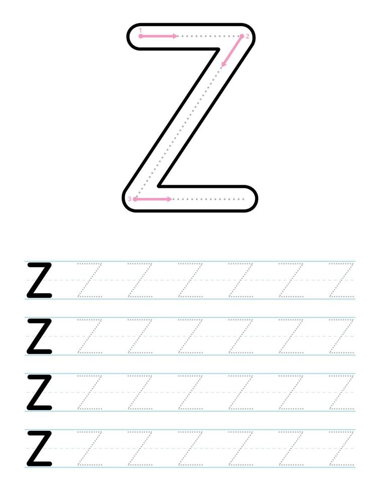 Tracing uppercase letter z worksheet for kids vector