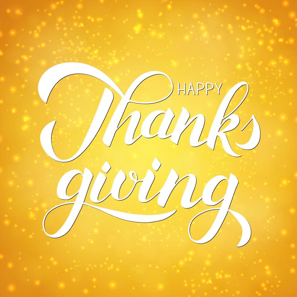 Thanksgiving day vector illustration. Happy Thanks giving hand written with brush. Calligraphy lettering typography poster on bright yellow blurred background