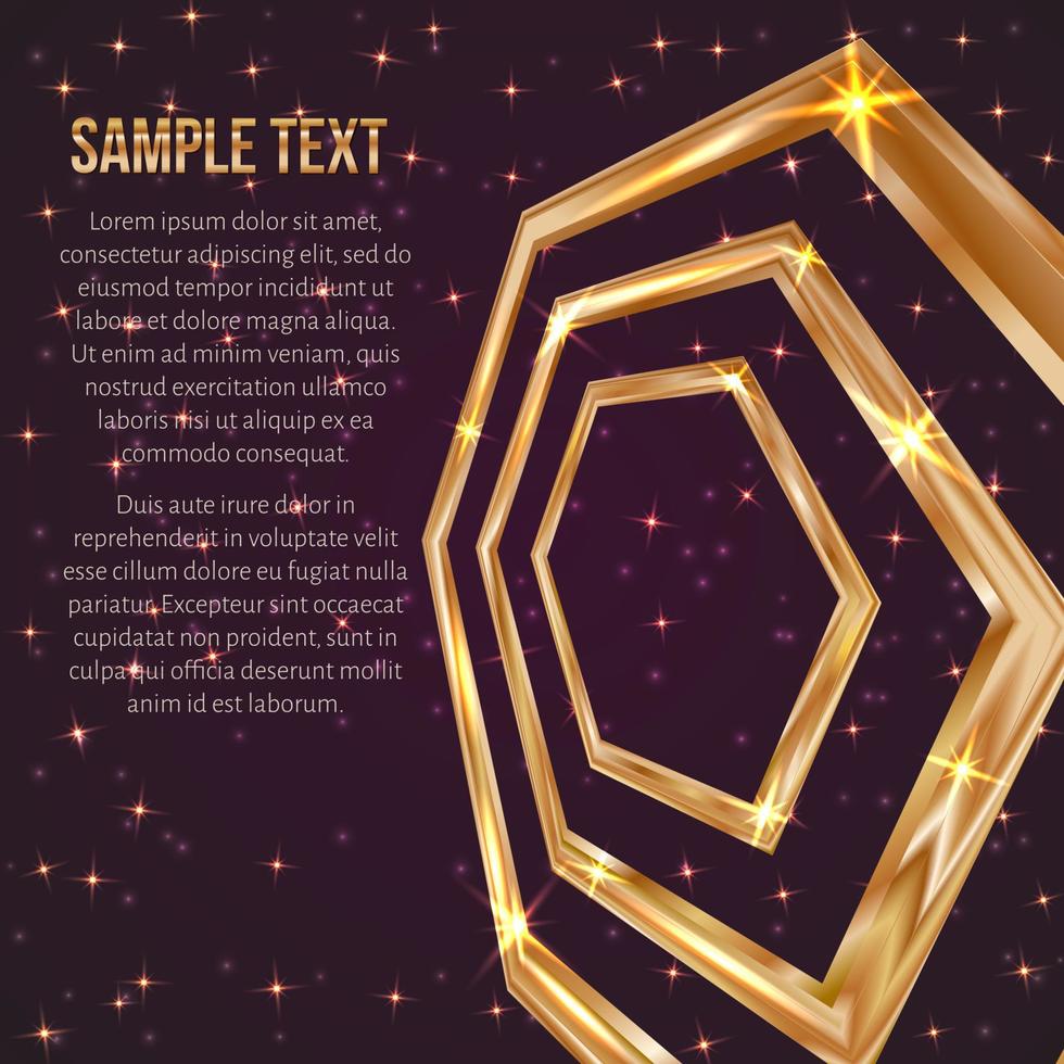 Bright golden hexagon on a dark purple background with sparkling stars and particles. Luxury vector illustration. Easy to edit design template for your business projects.