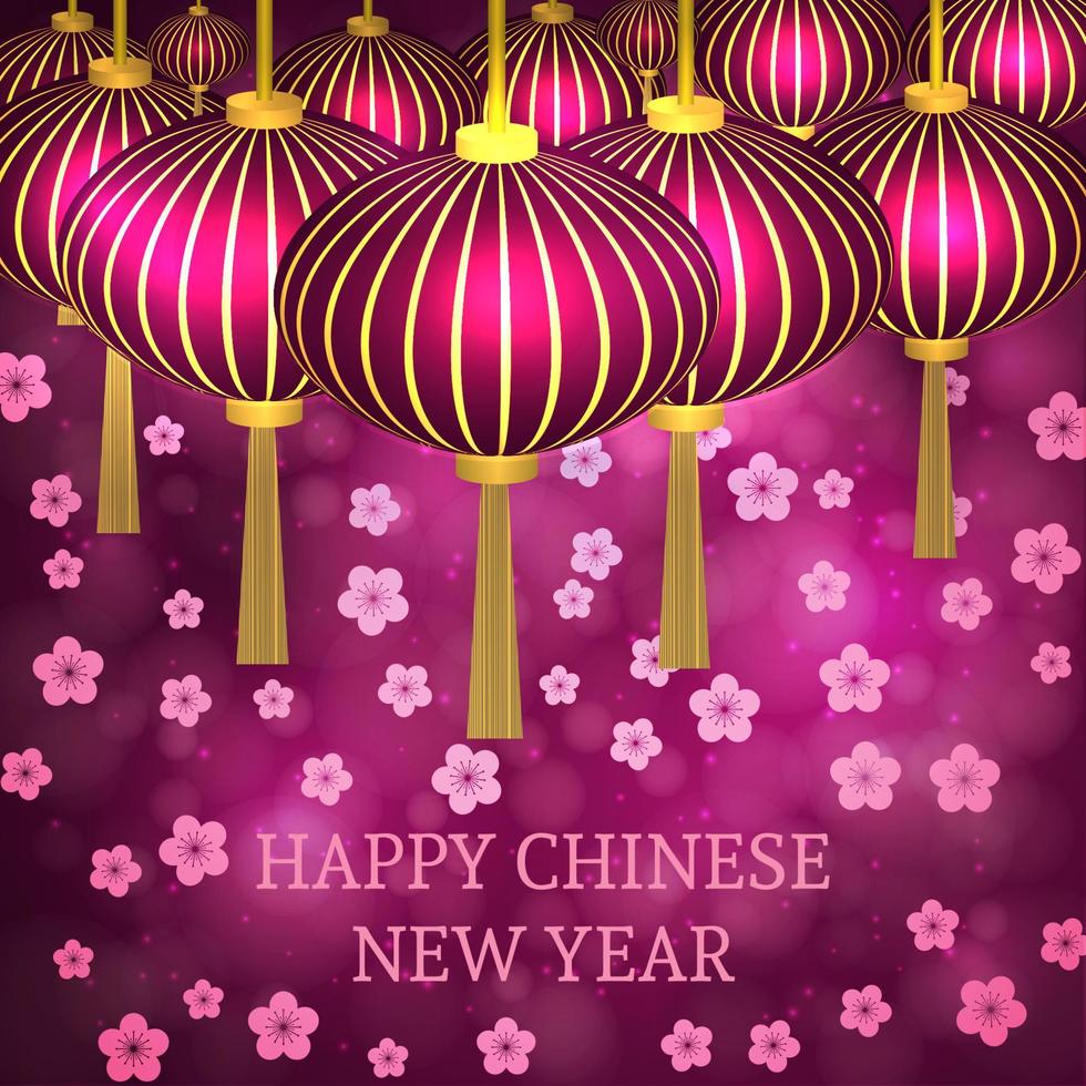 Chinese New Year vector illustration with lanterns and cherry blossom on bokeh background. Easy to edit design template for you rprojects. Can be used as greeting cards, banners, invitations etc.