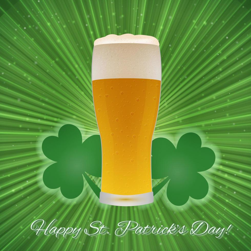 S t. tarjeta de felicitación del día de patrick sobre un fondo verde brillante con trébol y vaso de cerveza. plantilla de diseño vectorial fácil de editar. vector