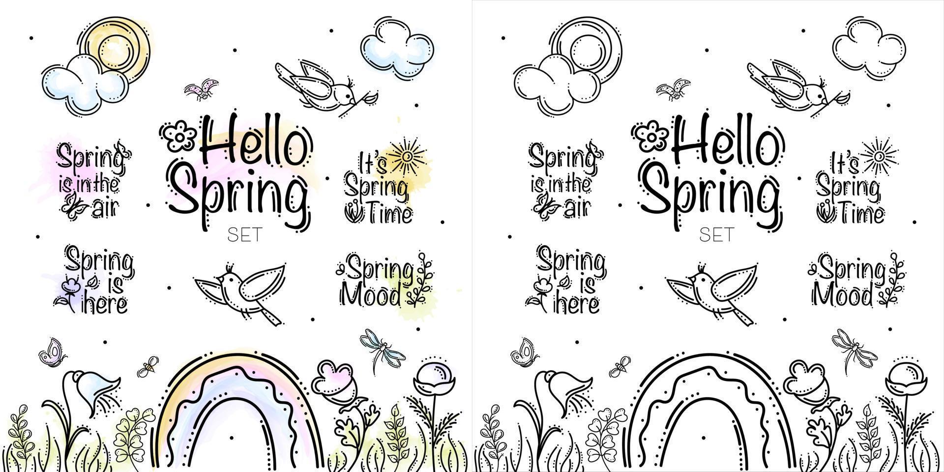 Spring Set With Text Objects, Flowers, Herbs, Birds, Sun, Clouds, Rainbow, Insects and Bugs vector